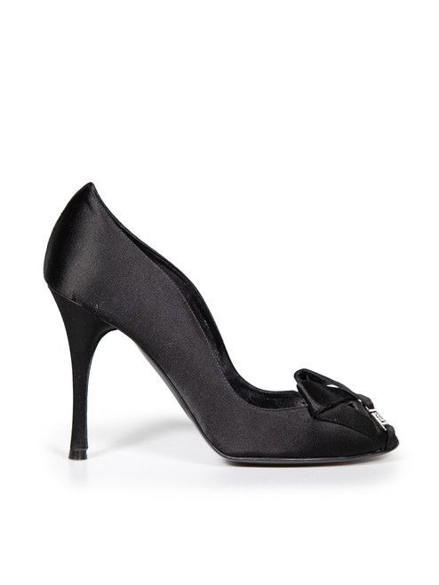 Versace Black Satin Peep Toe Crystal Detail Pumps