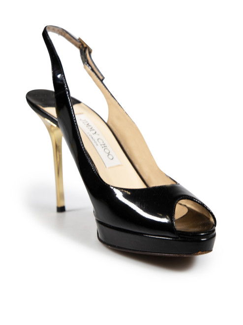 Jimmy Choo Black Patent Peep Toe Gold Heels