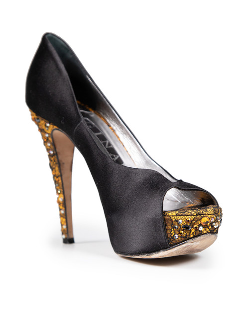 Gina Black Embellished Lace Detail Peep Toe Heels