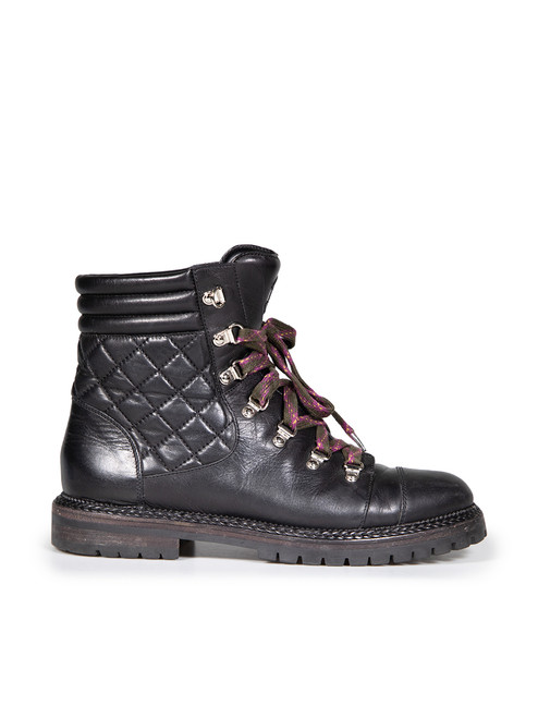 Chanel Black Quilted Leather Lace Up Combat Boots Chanel Black Quilted Leather Lace Up Combat Boots