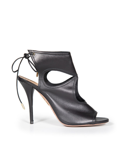Aquazzura Black Leather Peep Toe Ankle Tie Heels