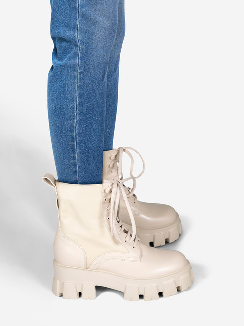 Prada Ecru Leather Monolith Combat Boots