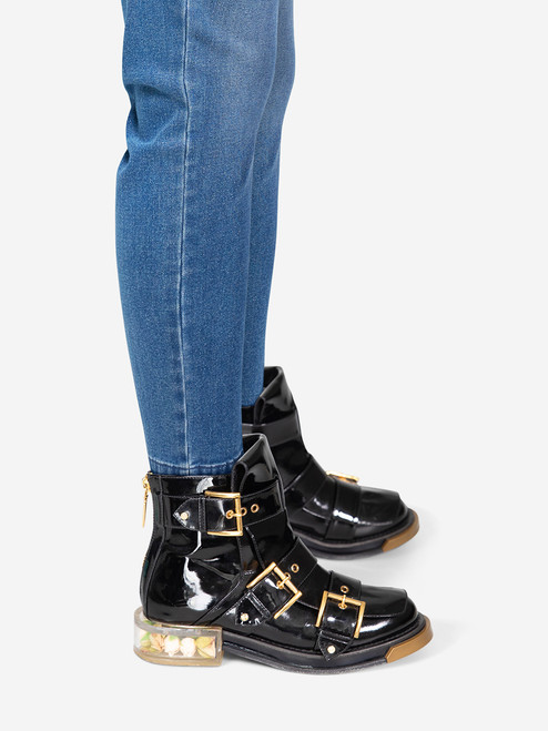 Alexander McQueen Black Patent Rose Heel Boots