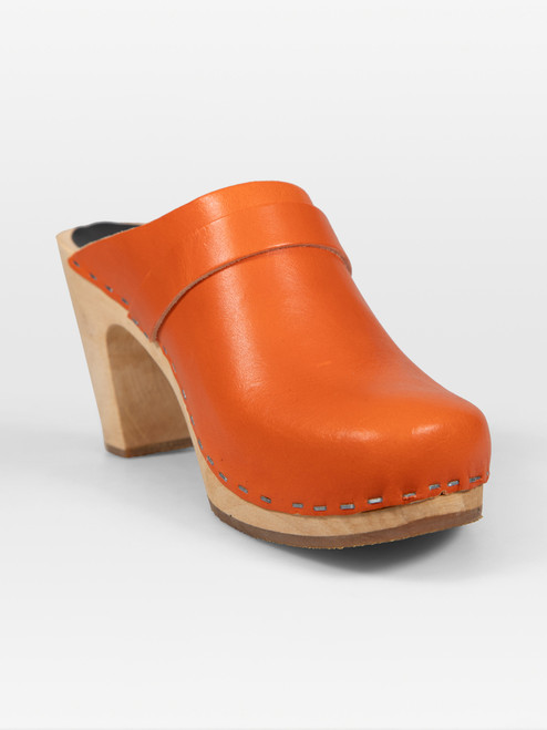 Swedish Hasbeens Orange Leather Heeled Clogs