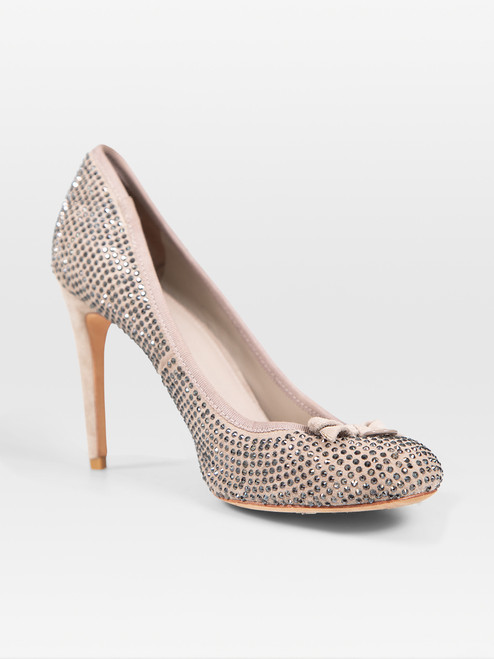Tory Burch Beige Suede Rhinestone Bow Detail Heels