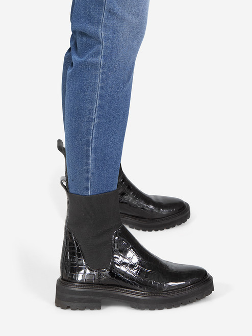 Loeffler Randall Black Croc Embossed Patent Boots