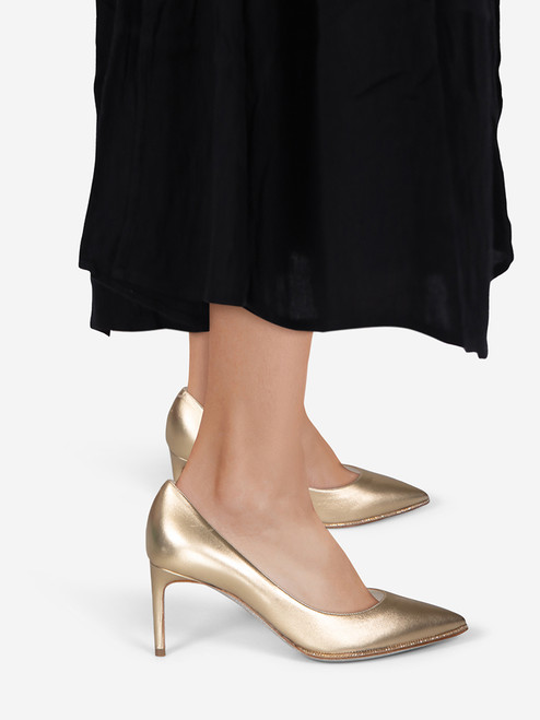 Rene Caovilla Gold Leather Crystal Detail Pumps