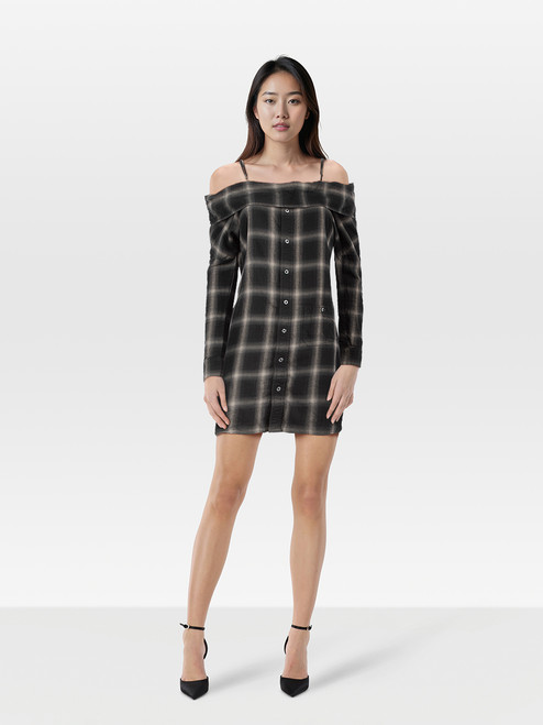 R13 Off Shoulder Slip Check Mini Dress