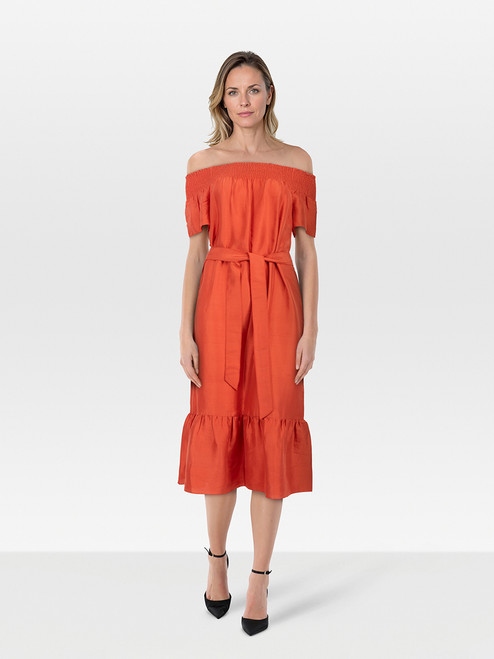 Tory Burch Orange Silk Off Shoulder Dress