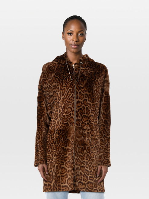 PAROSH Brown Leather Leopard Print Jacket