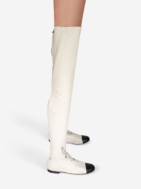 Chanel White Leather Thigh High Cap Toe Boots