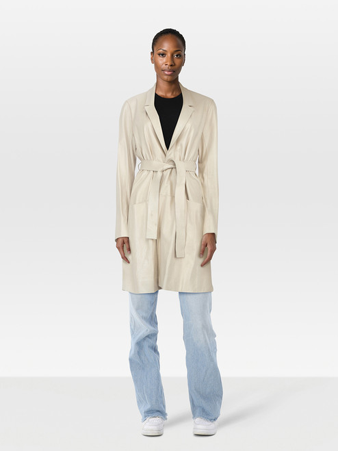 Rozae Nichols Ecru Leather Belted Mid Length Coat