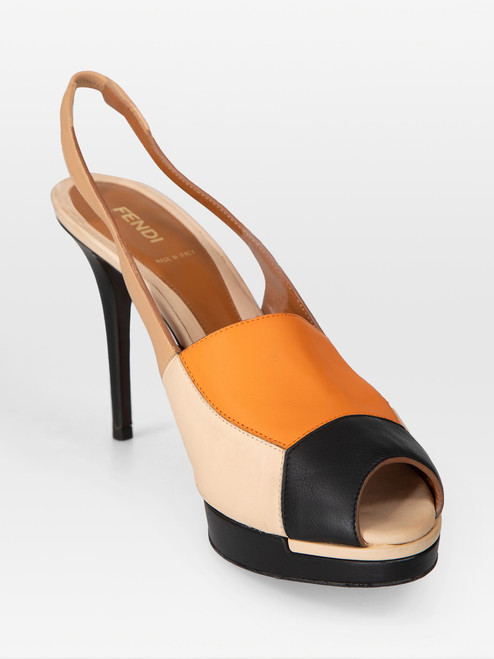 Fendi Panelled Leather Peep Toe Slingback Heels