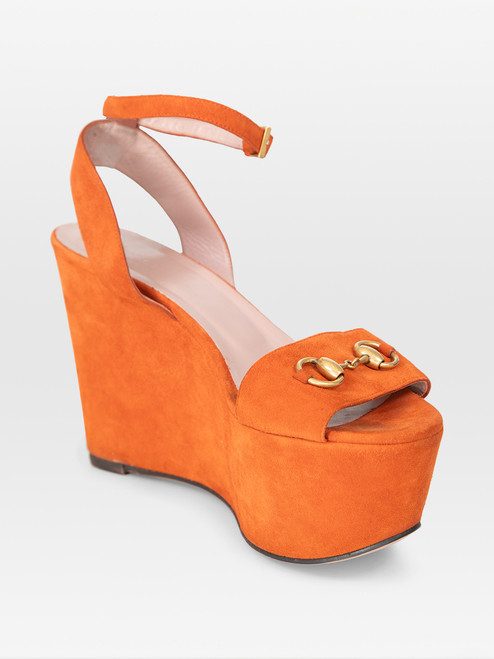 Gucci Orange Suede Horsebit Platform Sandals