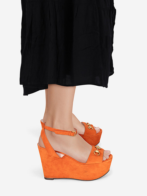 Gucci Orange Suede Horsebit Platform Sandals