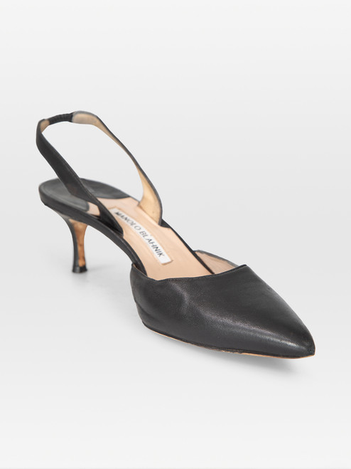 Manolo Blahnik Black Leather Slingback Kitten Heels