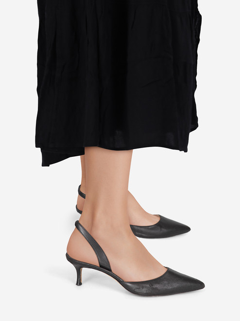 Manolo Blahnik Black Leather Slingback Kitten Heels