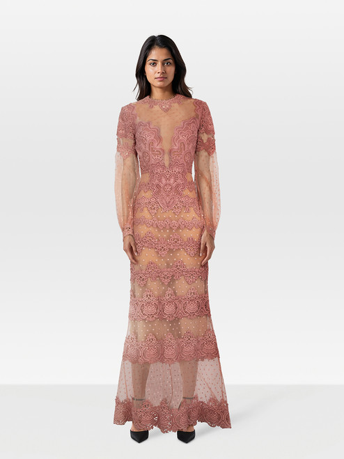 Elie Saab Pink Lace Long Sleeve Mesh Gown