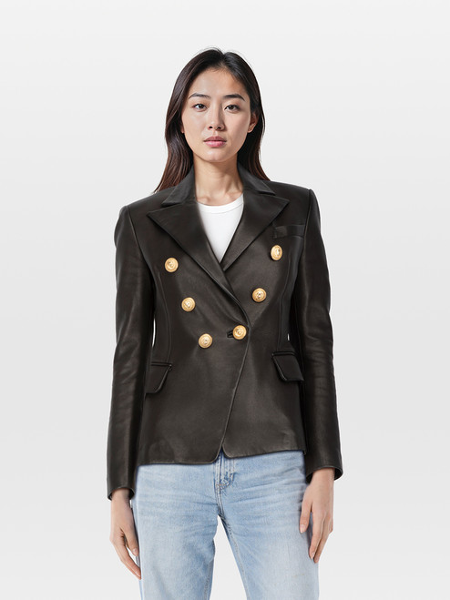 Balmain Black Leather Gold Button Blazer Balmain Black Leather Gold Button Blazer