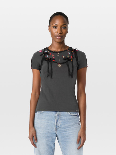 John Galliano Grey Lace & Button Detail Top