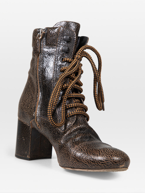 Miu Miu Brown Leather Lace Up Crack Effect  Boots