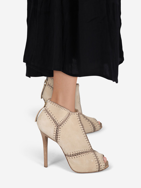Roger Vivier Beige Suede Panel Peep Toe Heels Roger Vivier Beige Suede Panel Peep Toe Heels
