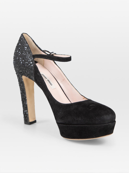 Miu Miu Black Glitter & Suede Ankle Strap Heels Miu Miu Black Glitter & Suede Ankle Strap Heels
