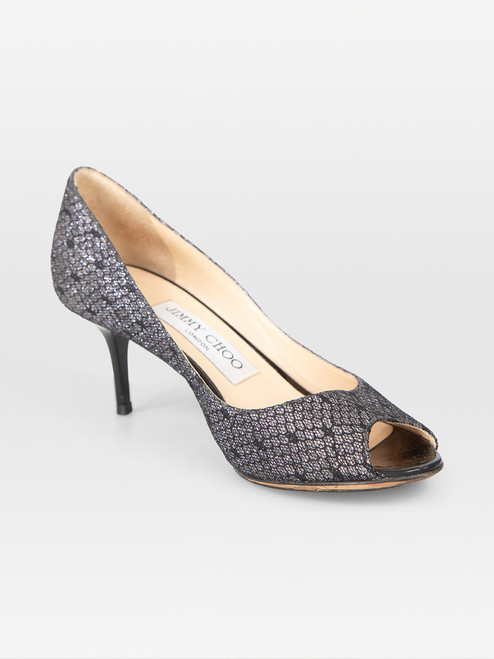 Jimmy Choo Silver Peep Toe Glitter Heels