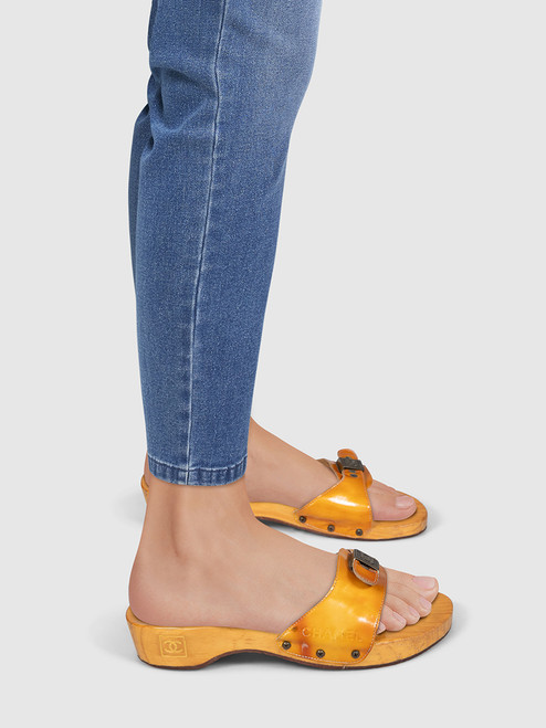 Chanel Chanel Sport Vintage Yellow Patent Wooden Slides