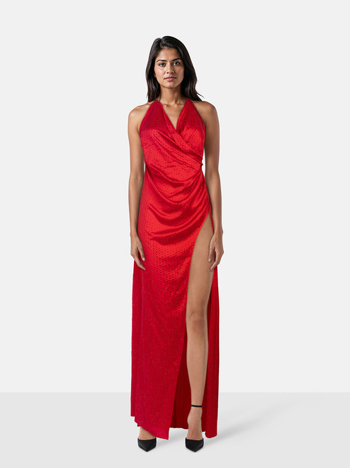 Retrofête Red Silk Rhinestone Halterneck Dress