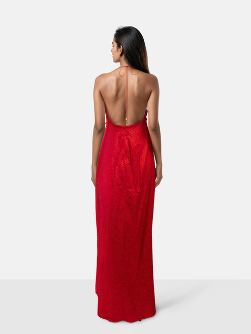 Retrofête Red Silk Rhinestone Halterneck Dress