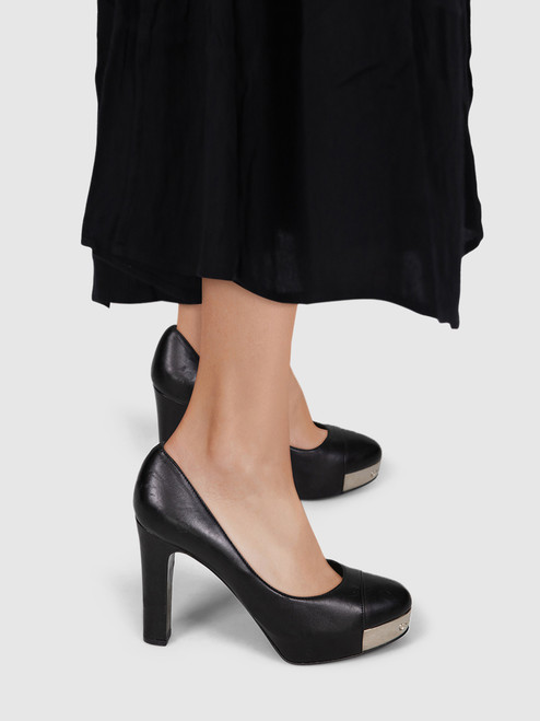 Chanel Black Leather CC Cap Toe Platform Pumps