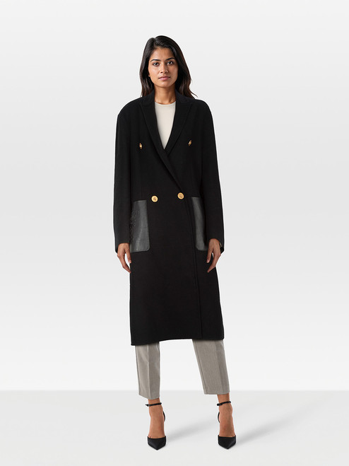 Versace Black Wool Embossed Leather Coat