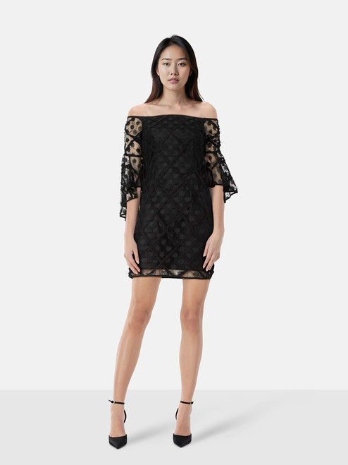 Milly Black Lace Flounce Sleeve Dress
