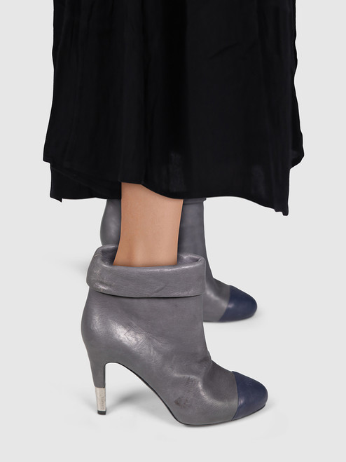 Chanel Grey Leather Navy Cap Toe Ankle Boots