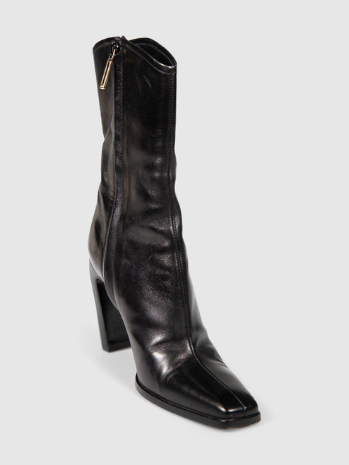 Gucci Black Leather Heeled Square Toe Boots