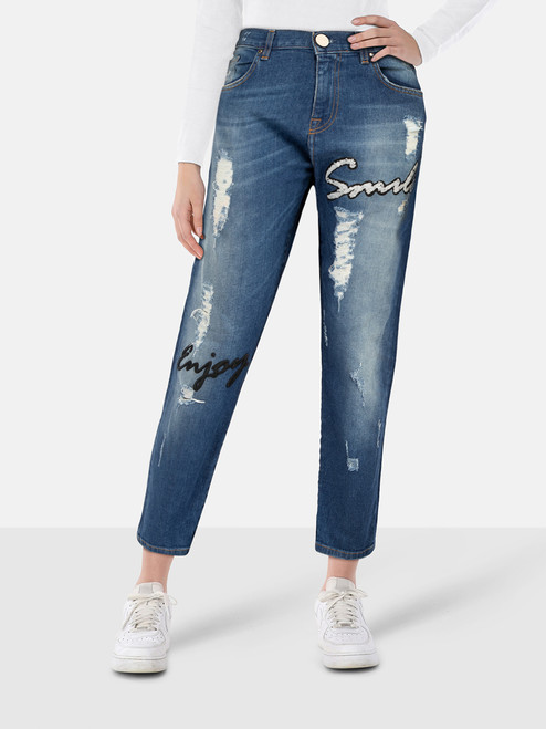 Pinko Blue Denim Sequinned Distressed Jeans