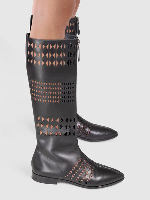 Alaïa Black Leather Cut Out Zip Front Boots