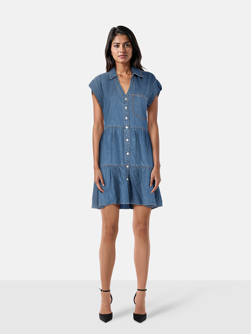 Veronica Beard Blue Denim Pleated Tiered Dress