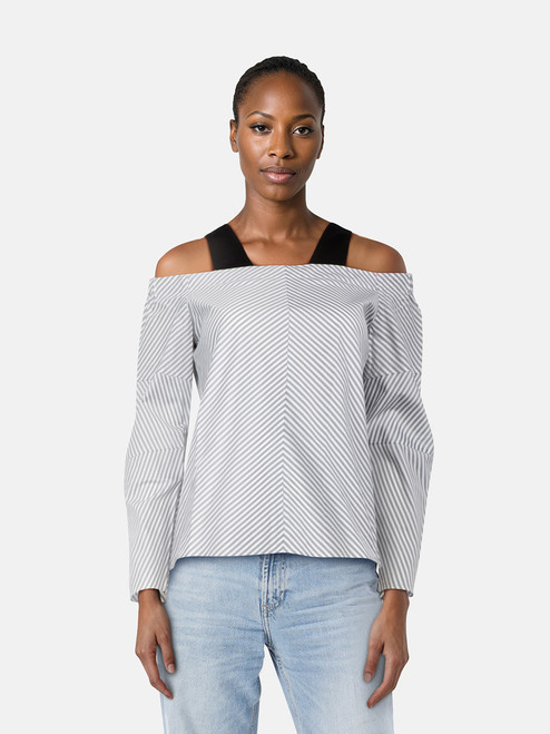 Maje Striped Off Shoulder Strap Detail Top