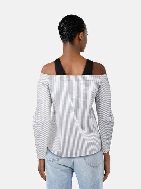 Maje Striped Off Shoulder Strap Detail Top