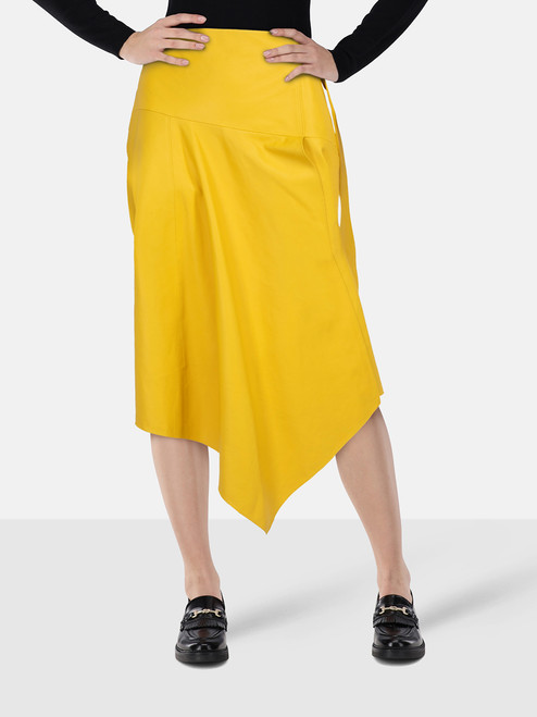 Tibi Yellow Leather Asymmetric Midi Skirt