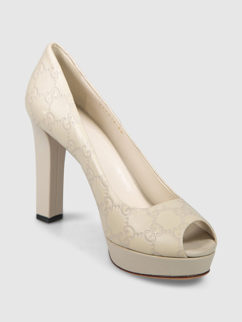 Gucci Cream Leather GG Peep Toe Heels