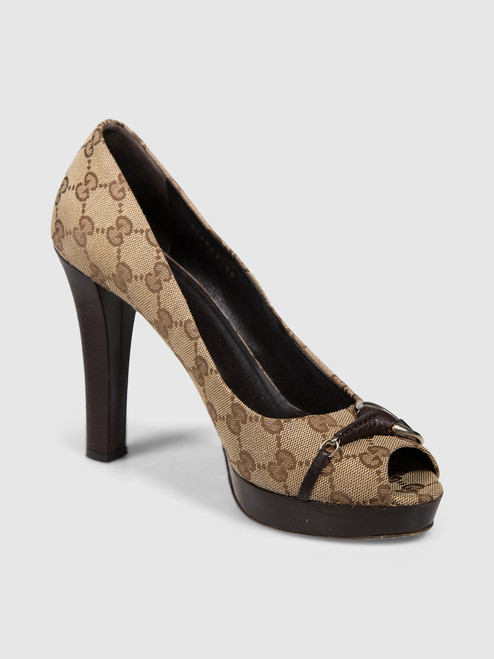 Gucci Brown GG Monogram Horse Bit Peep Toe Heels