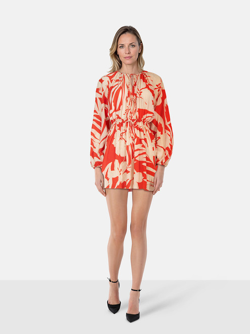 Matteau Red Silk Leaf Print Long Sleeve Dress