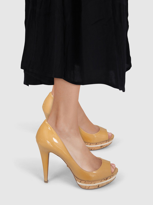 Prada Beige Patent Platform Peep Toe Heels