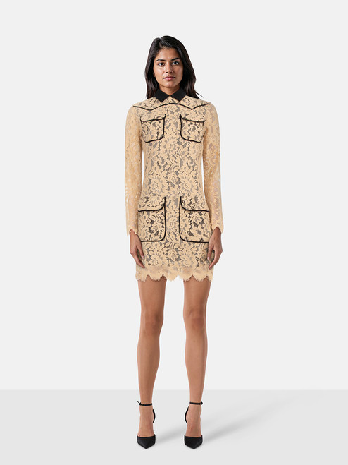 MSGM Beige Floral Lace Long Sleeves Dress