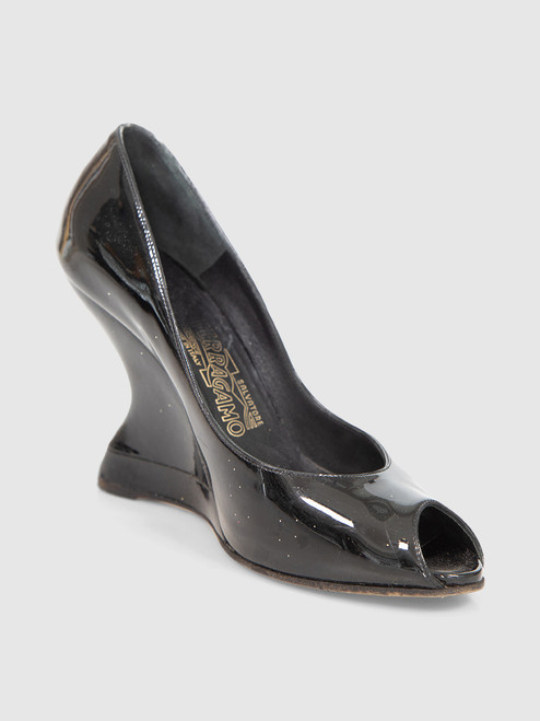Salvatore Ferragamo Black Patent Peep Toe Wedges