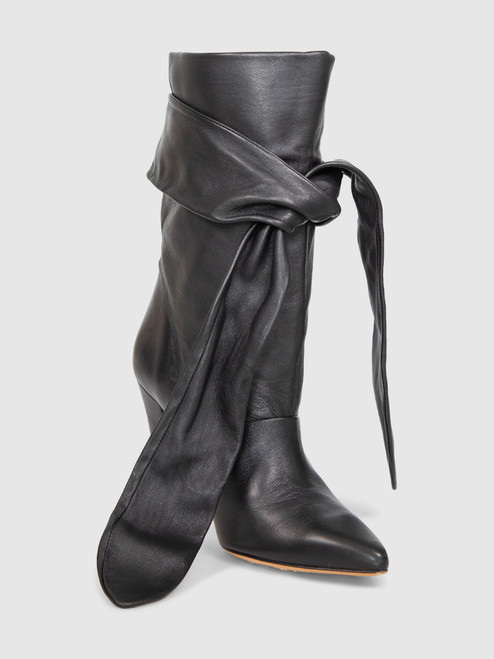 Iro Black Leather Tied Mid Calf Boots