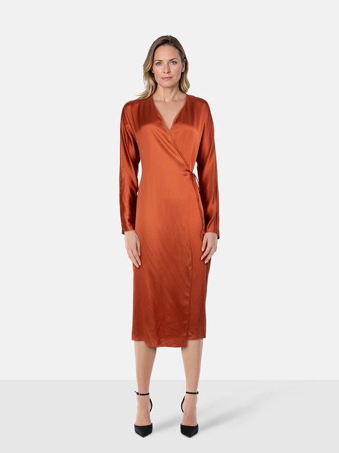 Vince Brown Silk Wrap Long Sleeves Dress
